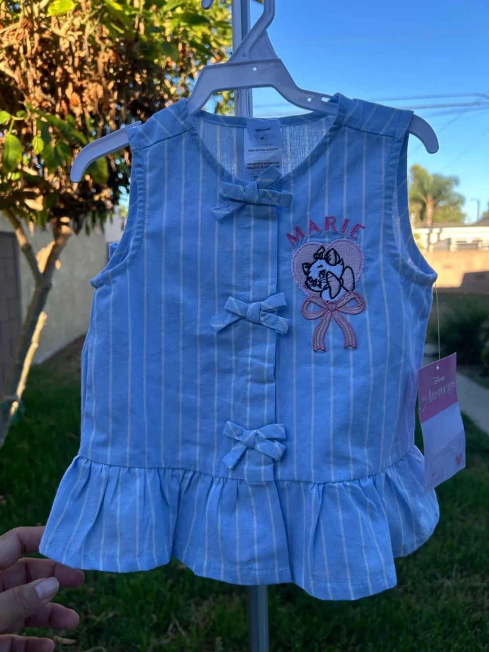 Disney Blue & White Striped Sleeveless Top with Marie Embroidery
